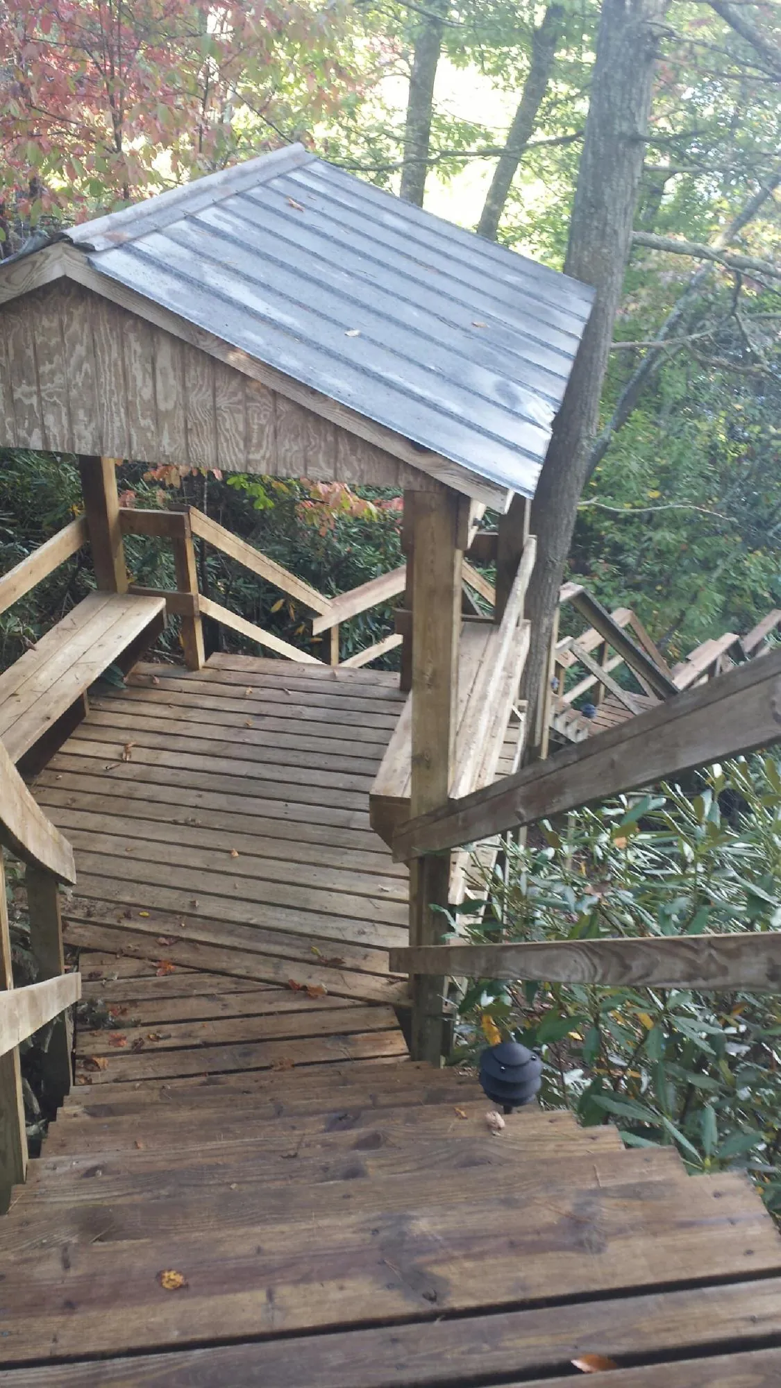 Metal roofed shelter over wooden steps on a wooded walkway — Skylight Repair & Installation work by our crew in Amberson